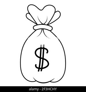 pochette nouée avec icône de banque d'argent, sac vectoriel avec symbole d'argent dollar, signe d'épargne d'argent financier, concept de richesse Illustration de Vecteur