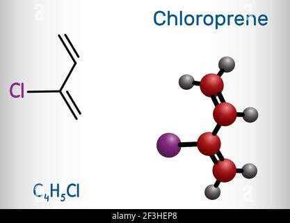 Molécule de chloroprène. C'est du chlorooléfine, utilisé comme monomère pour le polychloroprène polymère, un type de caoutchouc synthétique, le néoprène. Forme chimique structurelle Illustration de Vecteur