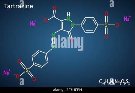 Molécule de tartrazine. Il s'agit d'un sel trisodique d'acide tartrazine, d'un colorant azoïque jaune, d'un colorant alimentaire, d'un supplément colorant alimentaire, E102. Formule chimique structurelle, Illustration de Vecteur