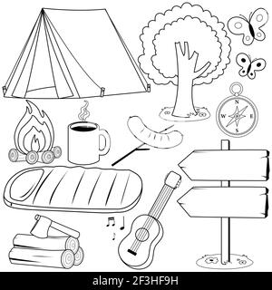 Collection d'objets et d'équipements de camping. Page de couleur noir et blanc Banque D'Images