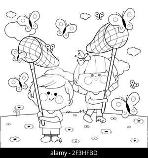 Les enfants avec des filets de papillon attrapant des papillons. Page de couleur noir et blanc Banque D'Images