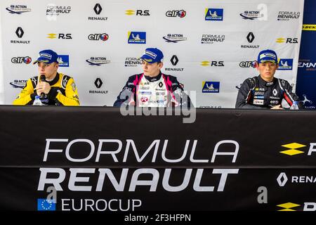 SARGEANT Logan (usa), FR 2.0 Eurocup Renault Team R-Ace GP, FEWTRELL Maw (gbr), FR 2.0 Eurocup Renault Team R-Ace GP, YE Yifei (chn), FR 2.0 Eurocup Renault Team Joseph Kaufmann Racing, conférence de presse conférence de presse lors du championnat Eurocup Formula Renault 2018 et ELMS European le Mans Series sur le circuit Paul Ricard, le Castellet France, du 13 au 15 avril - photo Thomas Fenetre / DPPI Banque D'Images