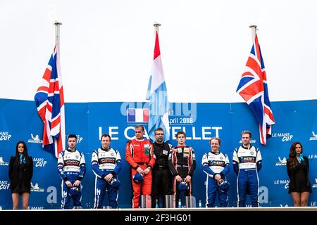 Michelin le Mans Cup, 03 HOOGENBOOM Leonard (NDL), PETERSEN Jens (DEU), Norma M30 Nissan team DKR Engineering, 79 McCaig Alasdair (GBR), NOBLE Colin (GBR), Ligier JS P3 Nissan team Ecurie Ecosse / Nielsen, 02 Anthony (GBR), LITTLEJOHN Ecurier James (GBR), Nissan team Ecurie ECURIE ECOSSE, JBR, JBR Podium lors de la série ELMS européenne le Mans 2018 sur le circuit Paul Ricard, le Castellet France, du 13 au 15 avril - photo Thomas Fenetre / DPPI Banque D'Images