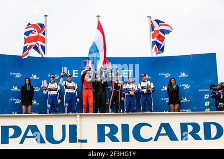 Michelin le Mans Cup, 03 HOOGENBOOM Leonard (NDL), PETERSEN Jens (DEU), Norma M30 Nissan team DKR Engineering, 79 McCaig Alasdair (GBR), NOBLE Colin (GBR), Ligier JS P3 Nissan team Ecurie Ecosse / Nielsen, 02 Anthony (GBR), LITTLEJOHN Ecurier James (GBR), Nissan team Ecurie ECURIE ECOSSE, JBR, JBR Podium lors de la série ELMS européenne le Mans 2018 sur le circuit Paul Ricard, le Castellet France, du 13 au 15 avril - photo Thomas Fenetre / DPPI Banque D'Images