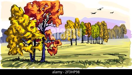 Paysage d'automne avec un champ et un groupe d'arbres. Une des quatre peintures des saisons. Les feuilles des arbres et l'herbe sont devenus jaunes. Illustration de Vecteur