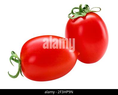 Paire de tomates San Marzano. Deux tomates juteuses à la cerise prune isolées sur du blanc. Ensemble de légumes frais italiens. Légumes crus biologiques légumes sains Banque D'Images