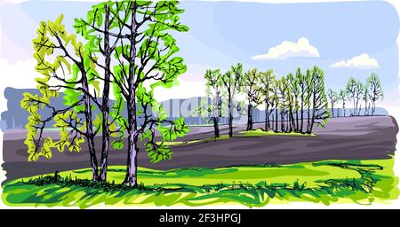 Paysage de printemps avec un champ et un groupe d'arbres. Une des quatre peintures des saisons. La nature se réveille après un sommeil hivernal. Illustration de Vecteur