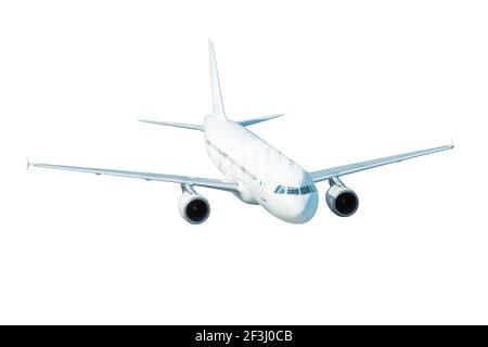 Avion de passagers blanc volant isolé sur fond blanc Banque D'Images