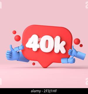40 mille abonnés bannière de médias sociaux pouces vers le haut. Rendu 3D Banque D'Images