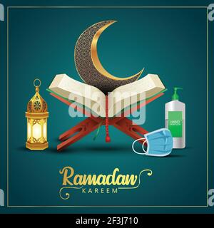 ramadan kareem salue avec Quran et support en bois, demi-lune à motifs. Vecteur illustration design . covid 19, corona virus concept Illustration de Vecteur