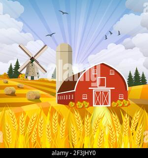 Dessin animé belle scène de ferme d'automne Illustration de Vecteur