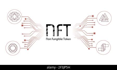 Infographies de jetons non fongibles NFT avec différents jetons et pistes pcb isolées sur blanc. Payez pour des objets de collection uniques dans des jeux ou des œuvres d'art. Banque D'Images