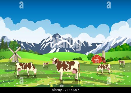 Paysage de lever de soleil rural avec vaches et ferme Illustration de Vecteur