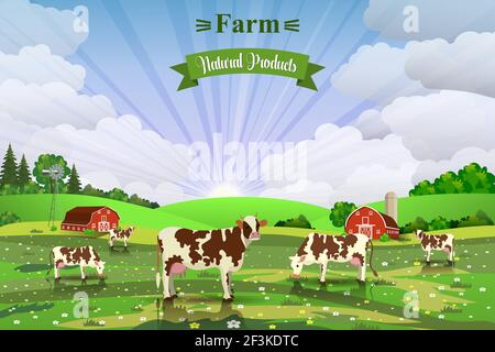 Paysage de lever de soleil rural avec vaches et ferme Illustration de Vecteur
