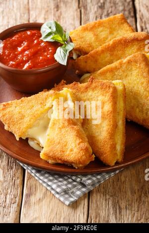 Gros plan sur des sandwiches frits chauds avec mozzarella dans une assiette sur la table. Vertical Banque D'Images