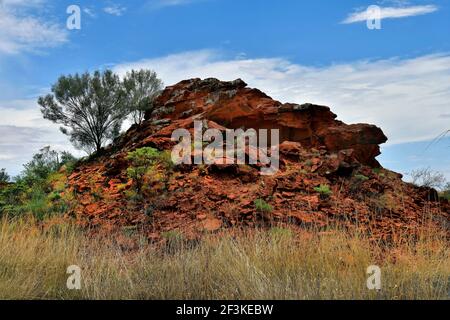 L'Australie, NT, public Ewaninga Réserve de conservation, avec gravures préhistoriques aborigènes et site historique, rock avec les lichens Banque D'Images