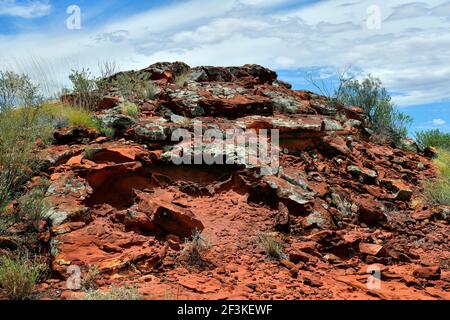 L'Australie, NT, public Ewaninga Réserve de conservation, avec gravures préhistoriques aborigènes et site historique, rock avec les lichens Banque D'Images