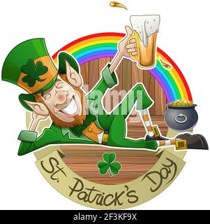 Cartoon artwork celebrating St Patrick s day: a smiling Leprechaun holds a pint of beer Stock Vector