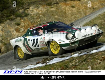 AUTO - VOITURE HISTORIQUE 2004 - RALLYE MONTE CARLO HISTORIQUE 20040204 - PHOTO : GILLES BOUVIER / DPPI MOULIN / LENGLET - LANCIA STRATOS ACTION Banque D'Images