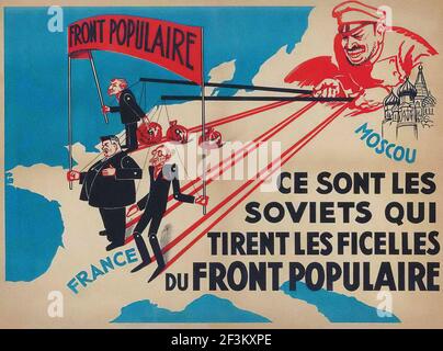 Affiche de propagande anti-communiste française. Le marionnettiste soviétique qui tire les ficelles des représentants du Front populaire français. France, 1936 Banque D'Images