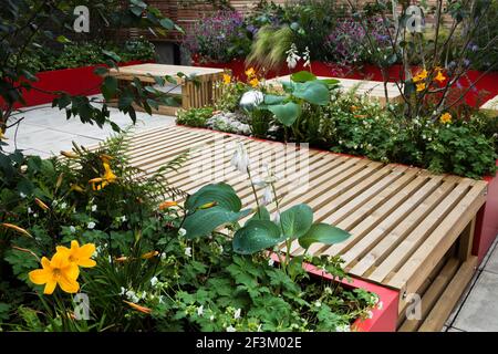 Jardinières en acier à revêtement poudré rouge avec plantation mixte, y compris lychnis, verbena bonariensis, hosta, genanium, nénuphars et herbe avec arbustes et bir Banque D'Images