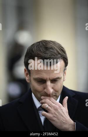 Gestes du président français Emmanuel Macron à l'Elysée Palace à Paris, le 17 mars 2021. Photo par Eliot Blondt/ABACAPRESS.COM Banque D'Images