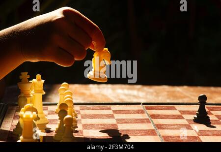 Un jeu d'affaires stratégie concurrentielle avec jeu de plateau d'échecs en utilisant une pièce d'échecs de cheval blanc Banque D'Images