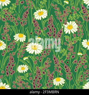 Motif vectoriel sans couture avec champ lavande et camomille sur fond vert. Papier peint à fleurs aux herbes. Textile de mode nature. Illustration de Vecteur