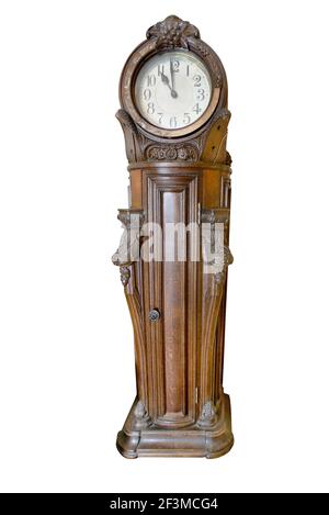 Horloge grand-père à tête de tambour allemande antique isolée sur fond blanc. Dresde, Allemagne. xviiie siècle. Un bel exemple de fabrication Banque D'Images