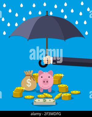 Main tenant le parapluie sous la pluie pour protéger l'argent. Illustration de Vecteur