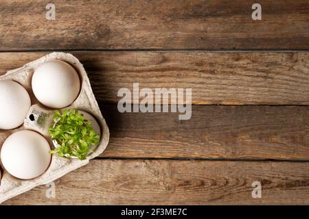 microverts dans les coquilles d'aubergines sur fond de bois, concept de pâques Banque D'Images