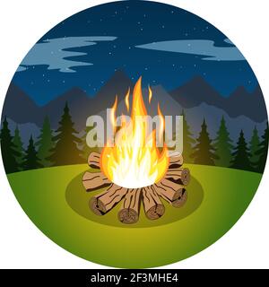 Feu de joie de dessin animé sur paysage de nuit Illustration de Vecteur