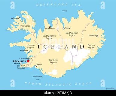 Régions de l'Islande, carte politique, avec la capitale Reykjavik. Huit régions et leurs sièges, utilisés à des fins statistiques. Pays de l'île nordique. Banque D'Images