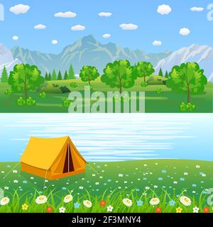 Tente Camping Tourist expédition en montagne forêt Illustration de Vecteur