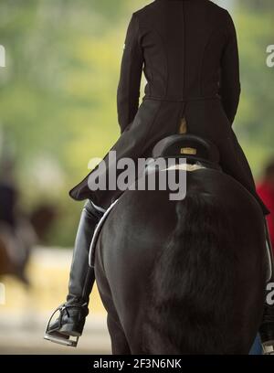 tour de pilote de dressage équestre anglais au spectacle de chevaux derrière le siège, en cuir noir, en cuir de couture, de grandes bottes et longues queues de veste de dressage Banque D'Images