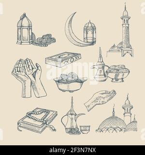 Illustration vectorielle islamique dessinée à la main. Comprend une illustration vectorielle musulmane, priez, mosquée, religion dessinée à la main Illustration de Vecteur