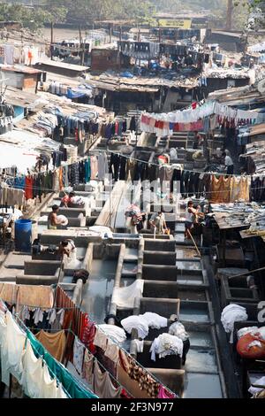 Les blanchisseries de Dhobi ghat sont des zones spéciales de la ville, avec rangée sur rangée de stylos à laver en béton, chacun équipé de sa propre pierre d'abattage. Vêtements envoyés Banque D'Images