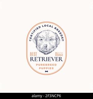 Modèle de logo ou de badge de cadre de dressage de chiens certifié. Dessin à la main du visage de chiot de retriever avec Typographie et bordures rétro. Emblème Premium vintage Illustration de Vecteur