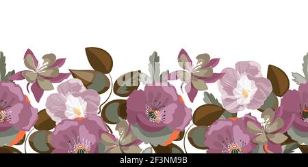 Motif fleuri vectoriel sans couture, bordure. Coquelicots violets, Ipomoea Illustration de Vecteur