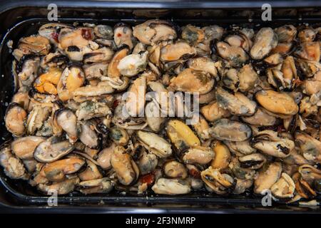 Moules dans un contenant en plastique noir Banque D'Images