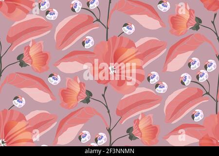 Motif Art floral vectoriel sans coutures. Mouches roses, branches, feuilles, baies bleues. Illustration de Vecteur