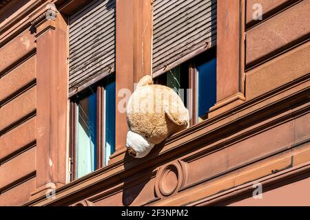 Grand ours en peluche solitaire qui regarde par la fenêtre Banque D'Images