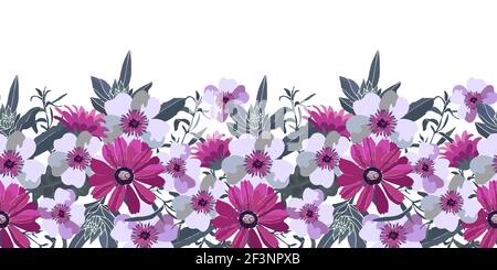 Motif Art floral vectoriel sans coutures. Fleurs violettes, roses, blanches avec feuilles vertes. Illustration de Vecteur