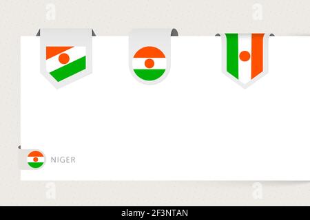 Label drapeau collection du Niger dans différentes formes. Modèle de drapeau à ruban du Niger suspendu à partir de papier ou de surface différente. Illustration de Vecteur