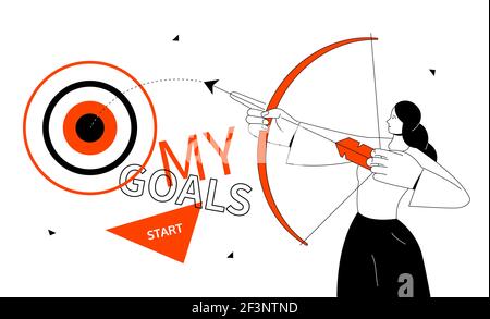 Mes objectifs - moderne ligne colorée style illustration. Développement personnel, motivation et réussite commerciale. Une composition avec une femme tient Illustration de Vecteur