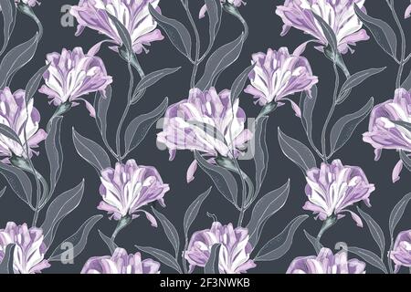 Motif Art floral vectoriel sans coutures. Délicat violet Ipomoea, gloire du matin, isolé sur un fond gris foncé. Fleurs bouclés avec des feuilles grises. Illustration de Vecteur