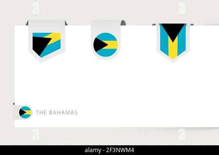 Label drapeau collection des Bahamas dans différentes formes. Modèle de drapeau à ruban des Bahamas suspendu à partir de papier ou de surface différente. Illustration de Vecteur