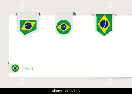 Label drapeau collection du Brésil dans différentes formes. Modèle de drapeau à ruban du Brésil suspendu à du papier ou à une autre surface. Illustration de Vecteur