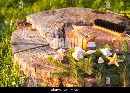 Photo de produits écologiques naturels sur fond d'herbe verte.Coquillages, savon naturel et comptoir de chanvre. Banque D'Images