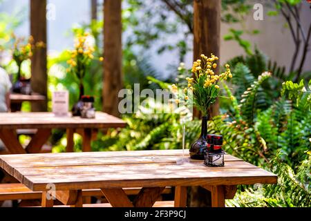 Terrasse en bois, salon extérieur, espace vide avec pique-nique en bois tables chaises banc dans patio terrasse jardin avec plantes vertes En Floride avec Banque D'Images